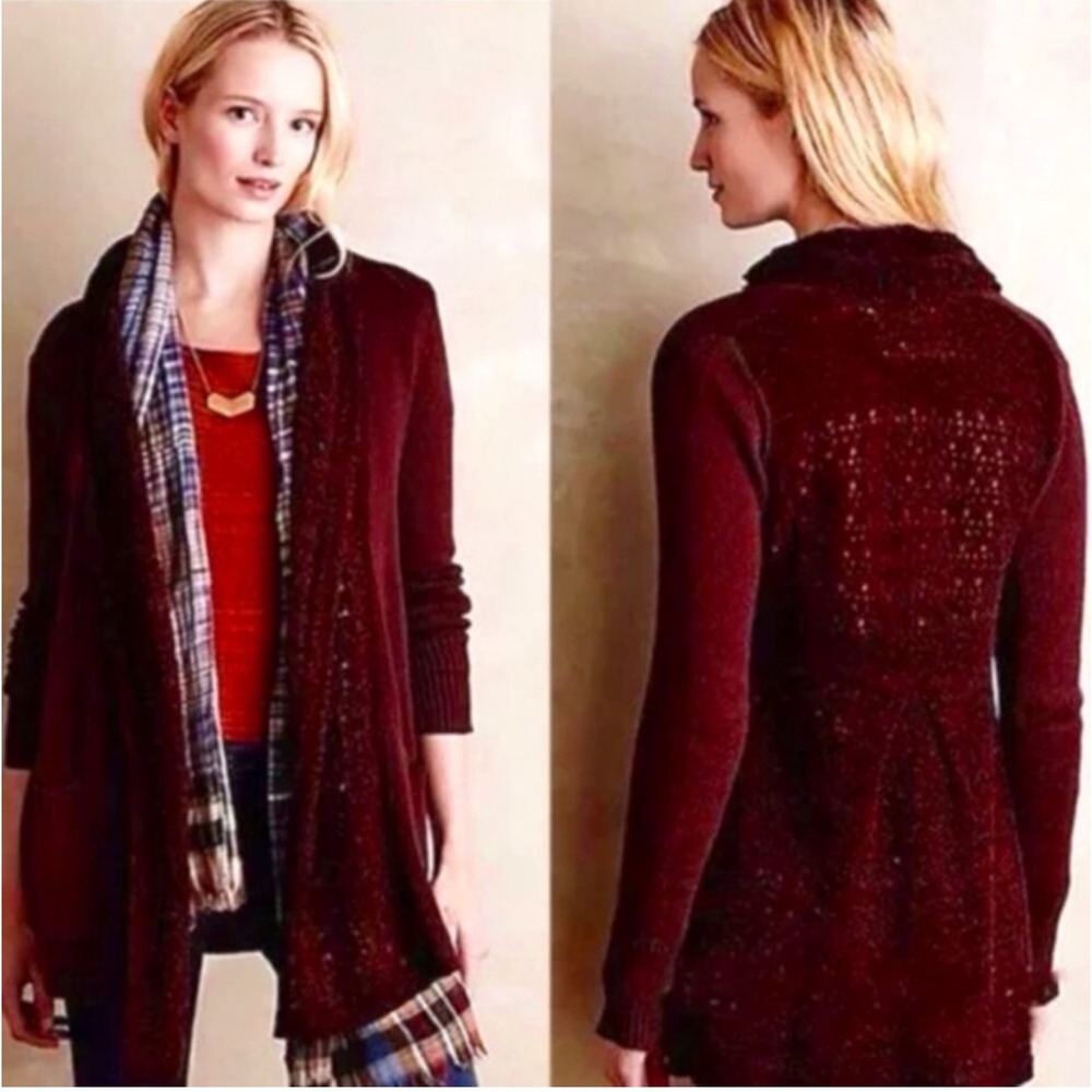 Anthropologie Angel Of The North Crochet Burgundy Open Cardigan Sweater Boho S